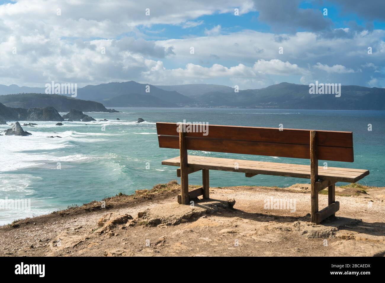 Spanien, Nordküste, Galicien, Acantilados de Loiba, "El banco más bonito del mundo" (schönste Bank der Welt) Stockfoto