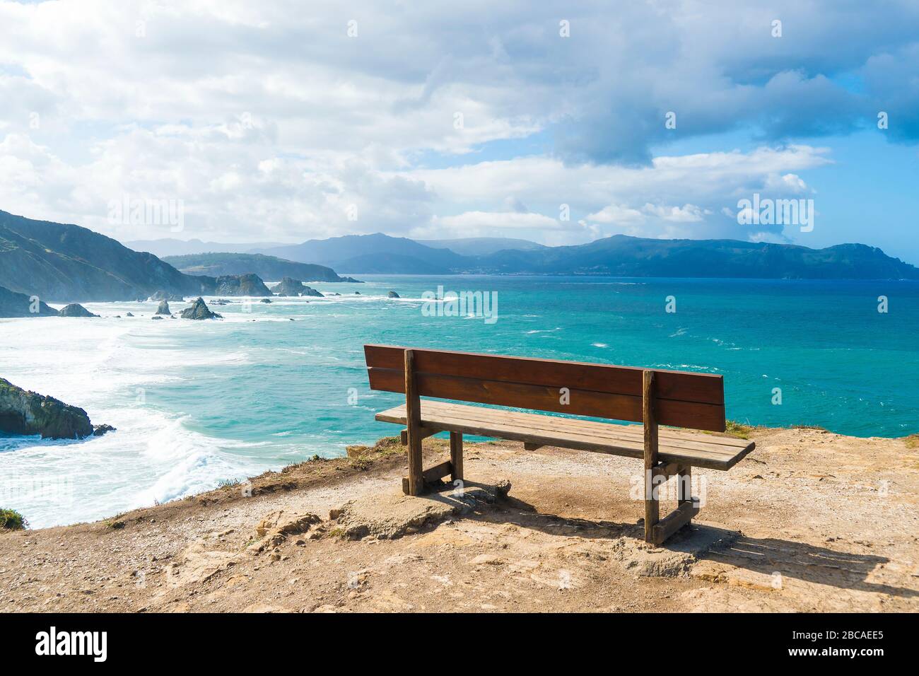 Spanien, Nordküste, Galicien, Acantilados de Loiba, "El banco más bonito del mundo" (schönste Bank der Welt) Stockfoto