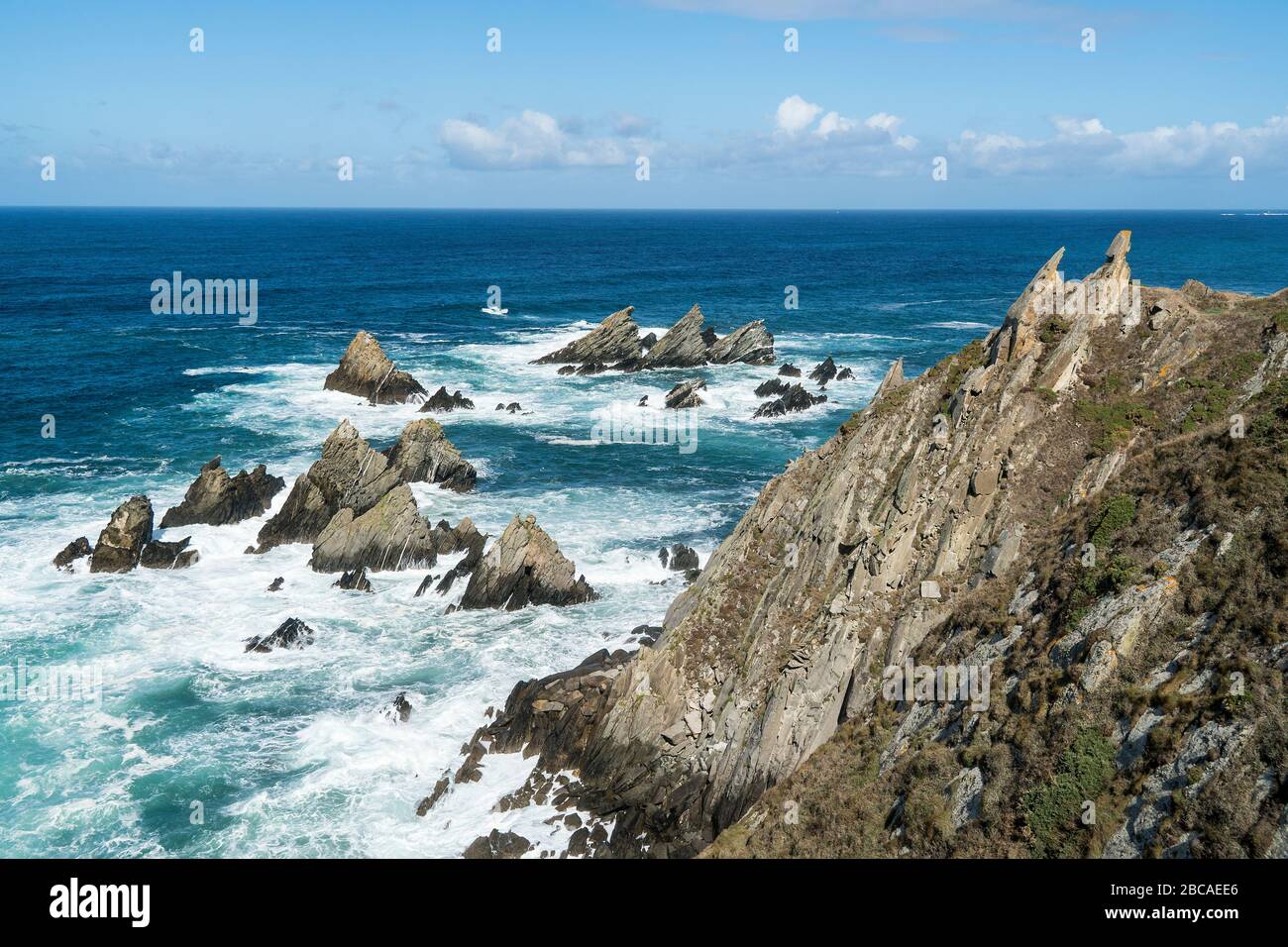 Spanien, Nordküste, Galicien, Acantilados de Loiba, "El banco más bonito del mundo" (schönste Bank der Welt) Stockfoto