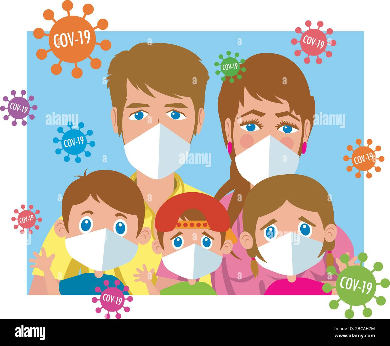 Abbildung einer Familie, bestehend aus Vater, Mutter und drei Kindern, die antivirale Gesichtsmasken tragen, um sich vor einer Kovid-19-Infektion zu schützen. Stock Vektor
