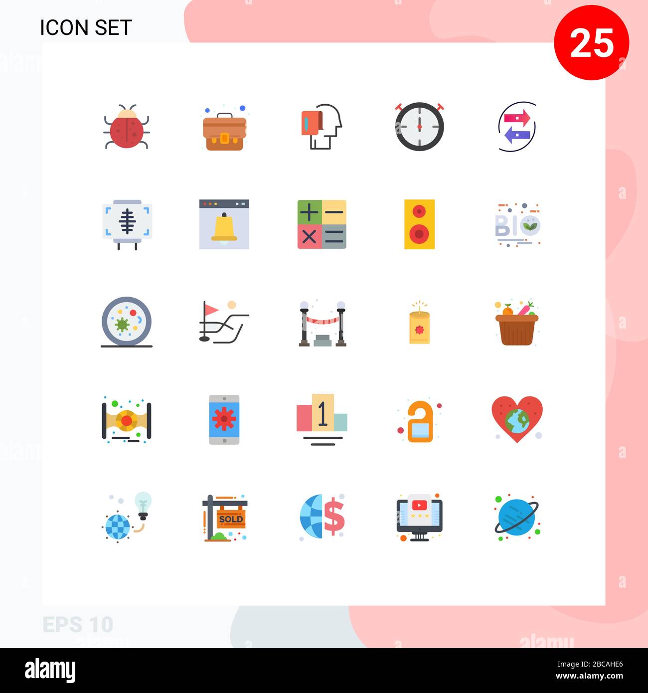 25 Benutzeroberfläche Flat Color Pack mit modernen Zeichen und Symbolen für Diagramm, Timer, Tasche, Stoppuhr, Hinweis editierbare Vektordesignelemente Stock Vektor