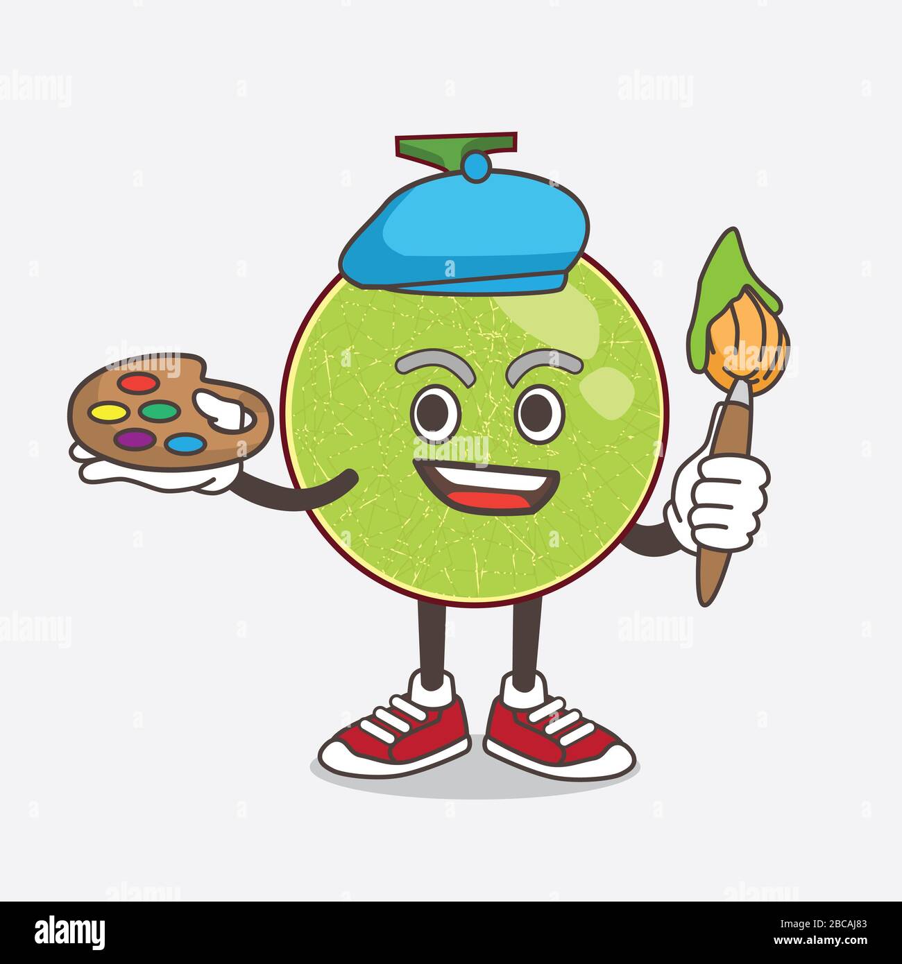 Eine Illustration von Cantaloupe Melon Cartoon Maskottchen Charakter Maler Stil mit Kunst Pinsel Stockfoto