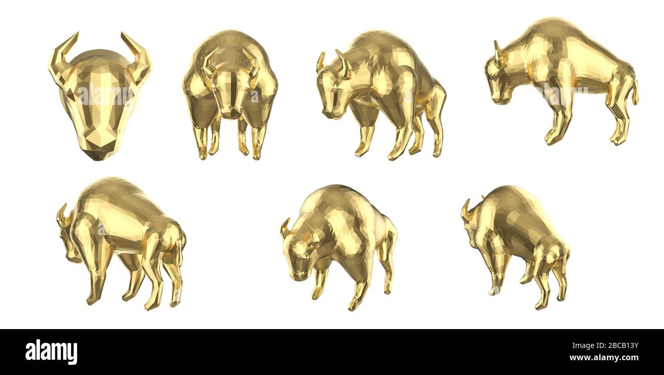 3D-Rendering-Satz von Polygonalbullen, isoliert auf Weiß Stockfoto