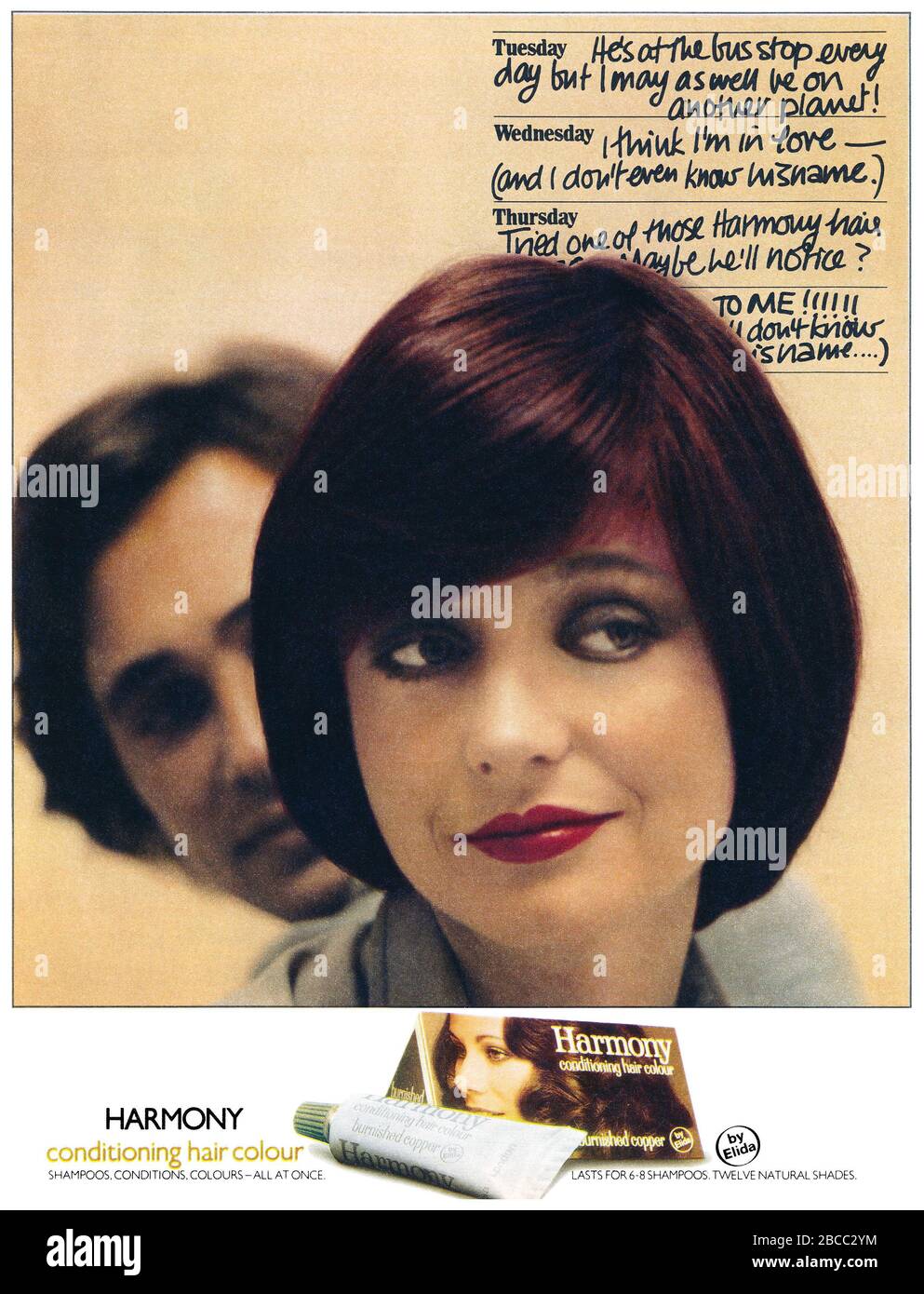 1974 Britische Werbung für Elida Harmony Konditionierung Haarfarbe. Stockfoto