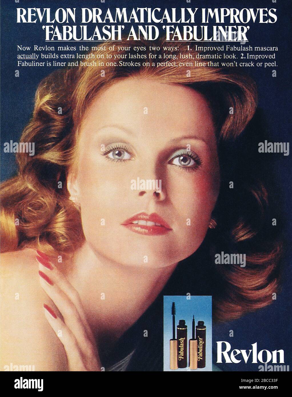 1975 Britische Werbung für Revlon Mascara und Eyeliner. Stockfoto