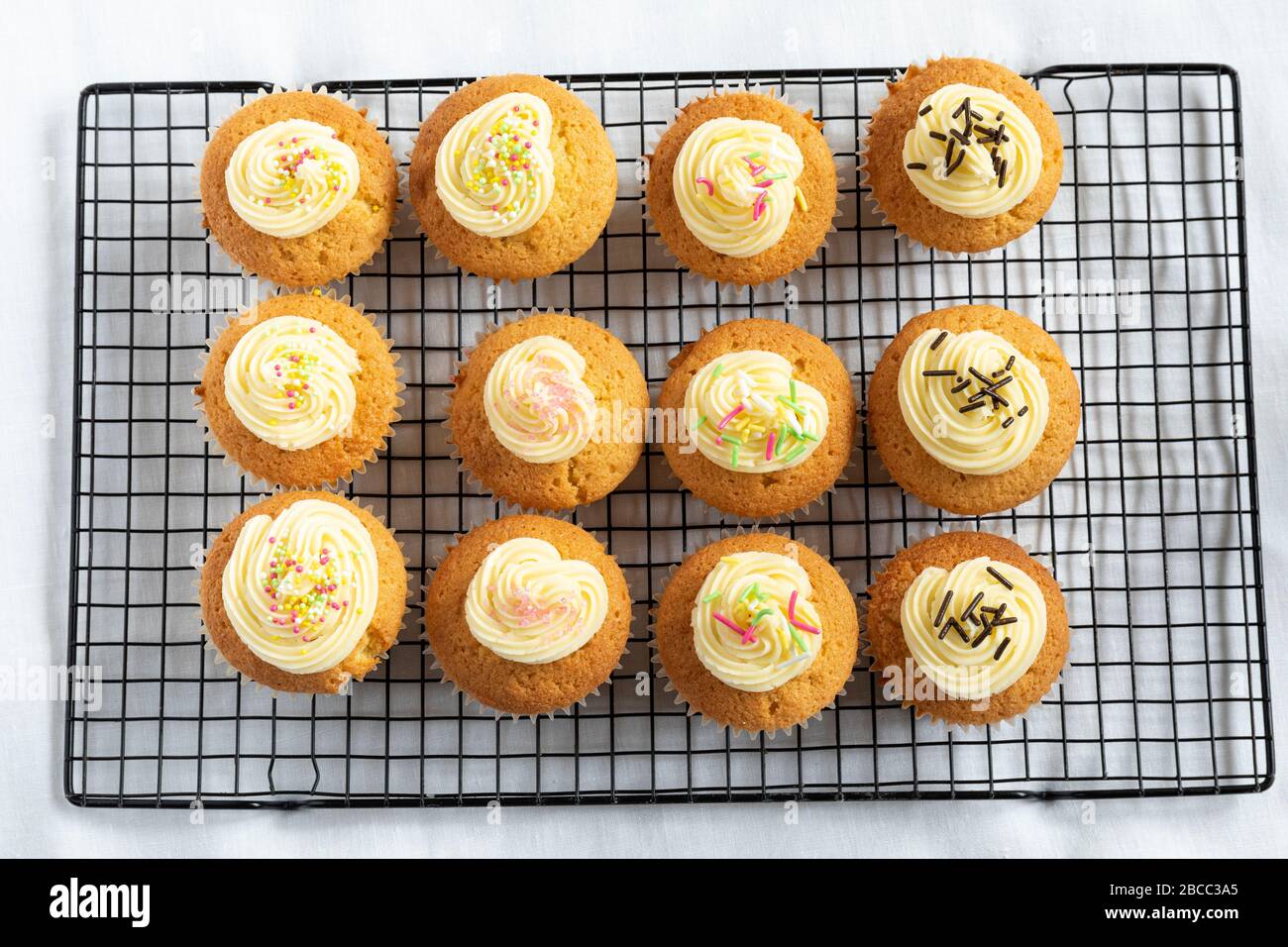 Nahaufnahme von hausgemachten Cupcakes/Feenkuchen auf einem Kühltablett Stockfoto