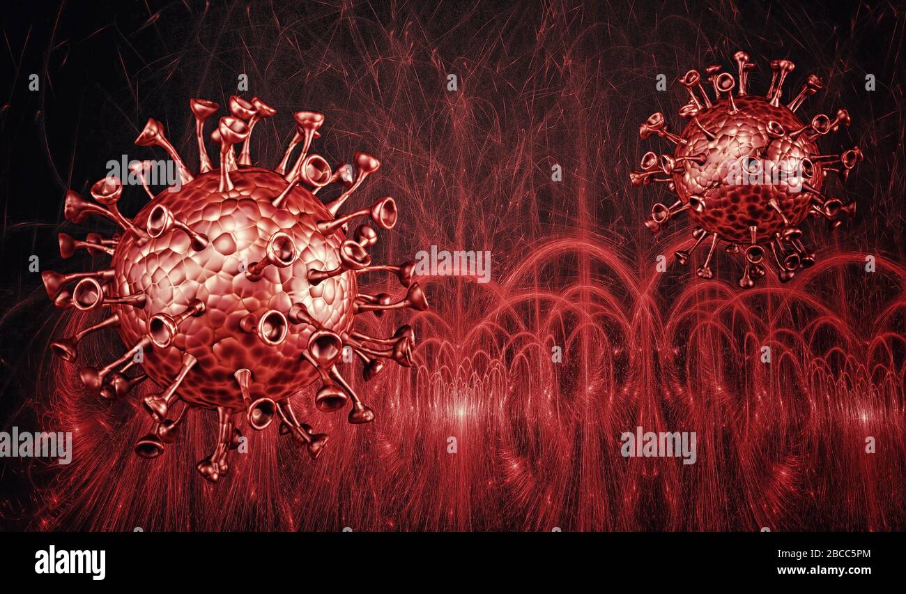 Mikroskopische Ansicht des Coronavirus, Krankheitserreger, der die Angriffe der Atemwege. Analyse und Test, experimentieren. Sars. 3D-Rendering Stockfoto