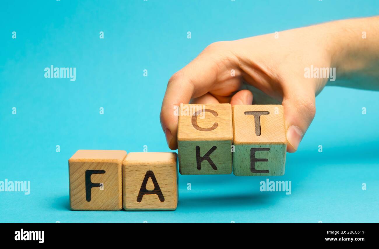Ein Mann stellt Holzblöcke mit den Worten Fakt und Fake. Konzept von Nachrichten und falschen Informationen. Gelb drücken. Stockfoto