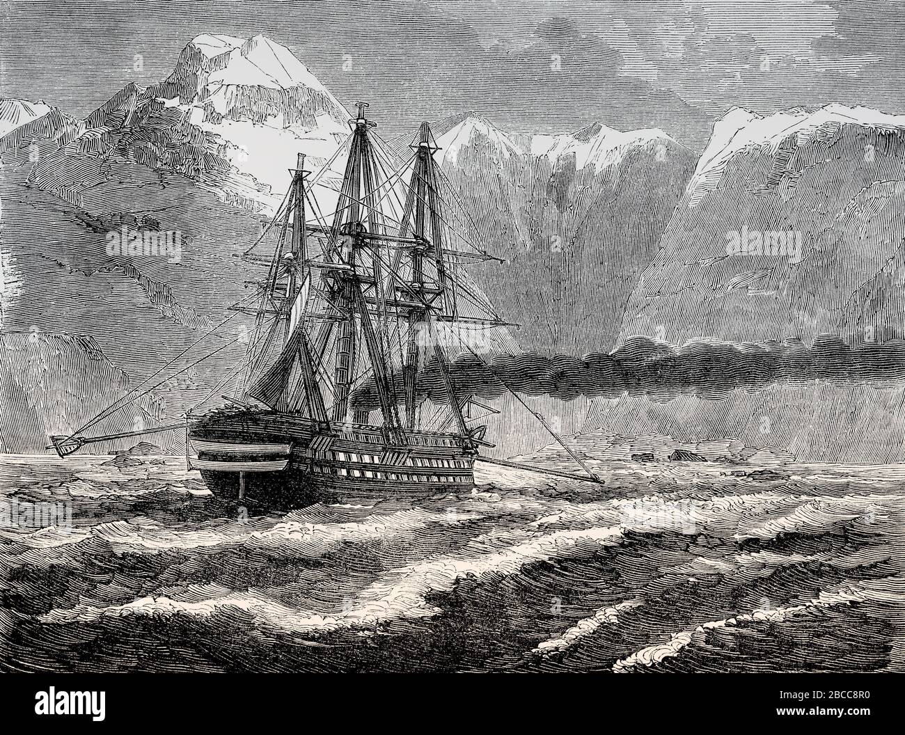 Das französische Schiff Bayard, das mit seinen provisorischen Vorrichtungen ohne Oare manövriert, Strait of Magellan, das Jahr 1863 Stockfoto