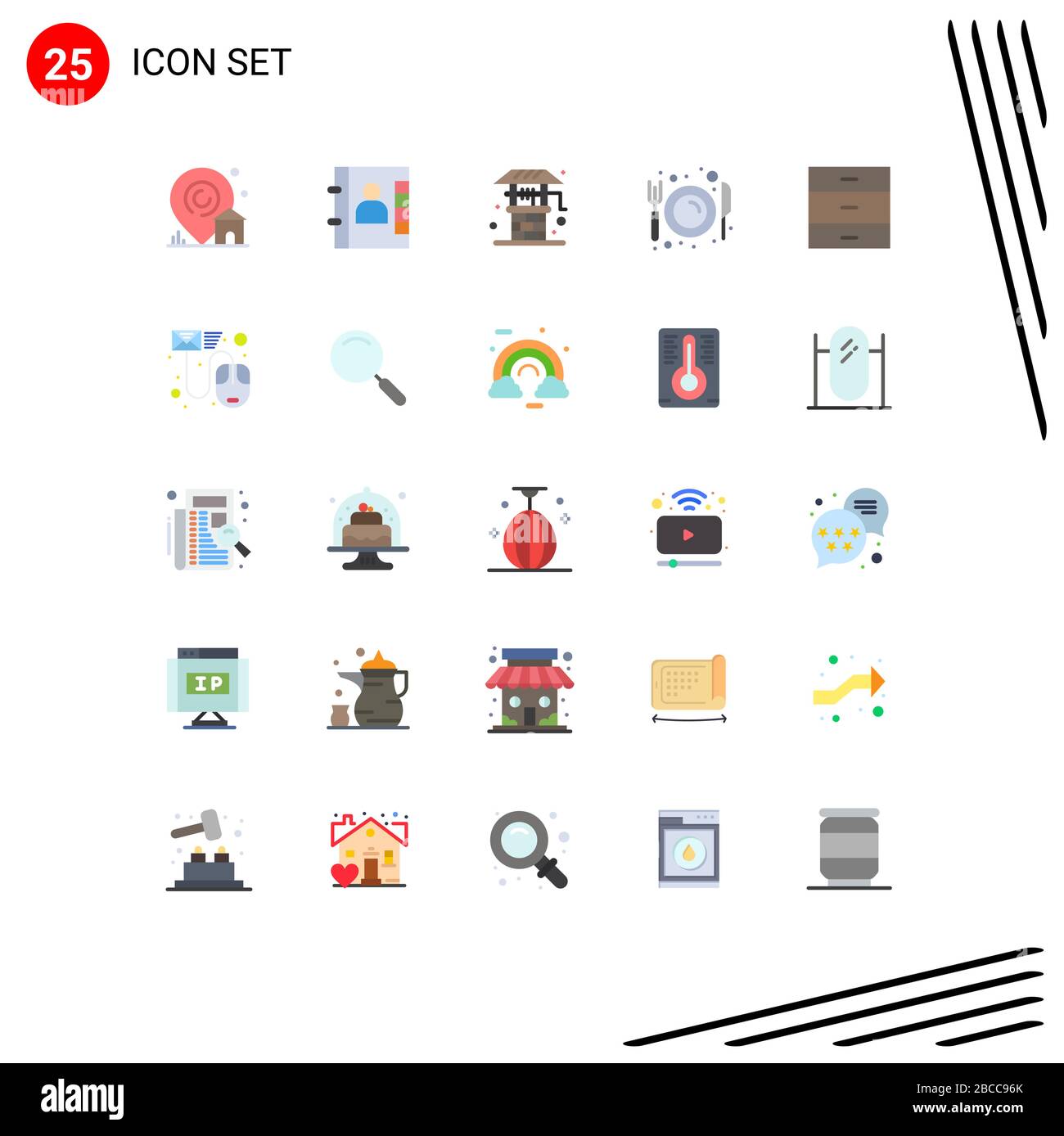 Packung mit 25 modernen Flat Colors Schildern und Symbolen für Web Print Media wie Schublade, Restaurant, Farm, Platte, Eat Editable Vector Design Elements Stock Vektor