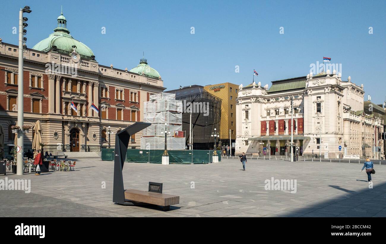 Belgrad, Serbien - 21. März 2020: Nationaltheathre und Museum am Platz der Republik in Belgrad, Serbien. Stockfoto