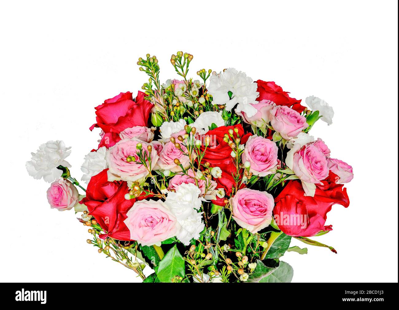 Blumenstrauß mit sanften rosa und roten Rosen und weißen Kornationsblüten isoliert auf weißem Hintergrund. Blumendesign für jeden Urlaub oder jede Lebensereignis, Festiv Stockfoto