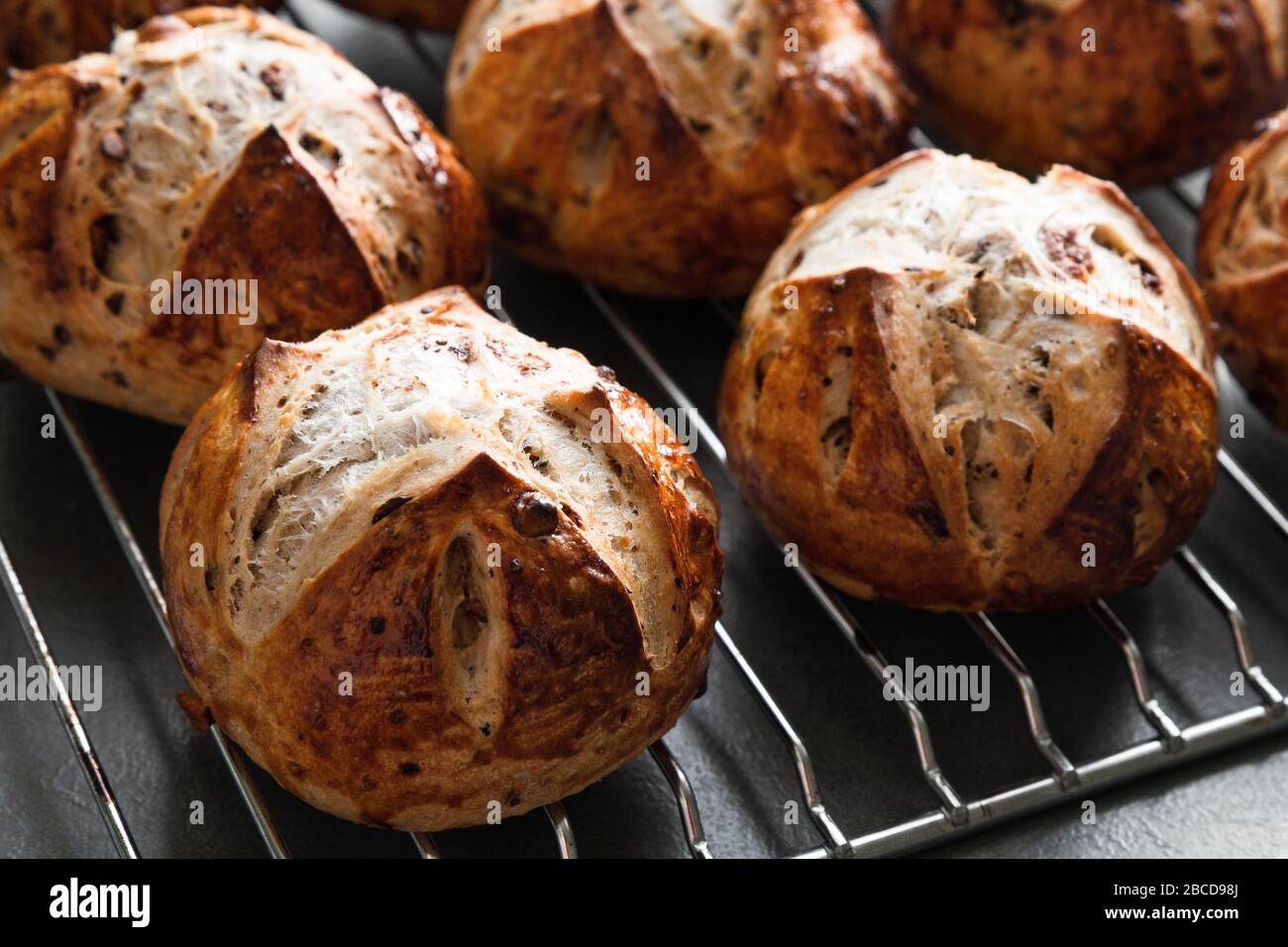 Hausgemachte Brötchen auf einem Backblech Nahansicht. Hausgemachtes Gebäck Stockfoto