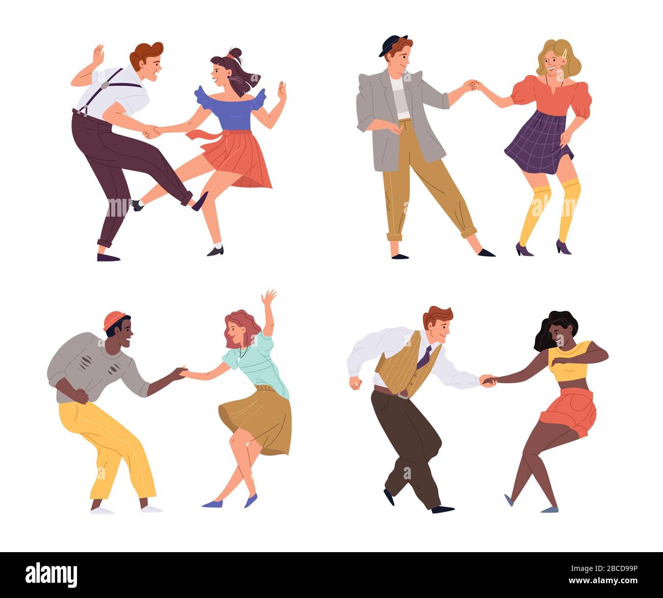 Vektorgrafik von Paaren tanzen Twist 1950er, 1960er, 1970er Set. Junge Männer und Frauen tanzen auf Retro-Party oder nostalgischer Diskothek. Flacher Cartoon Stockfoto