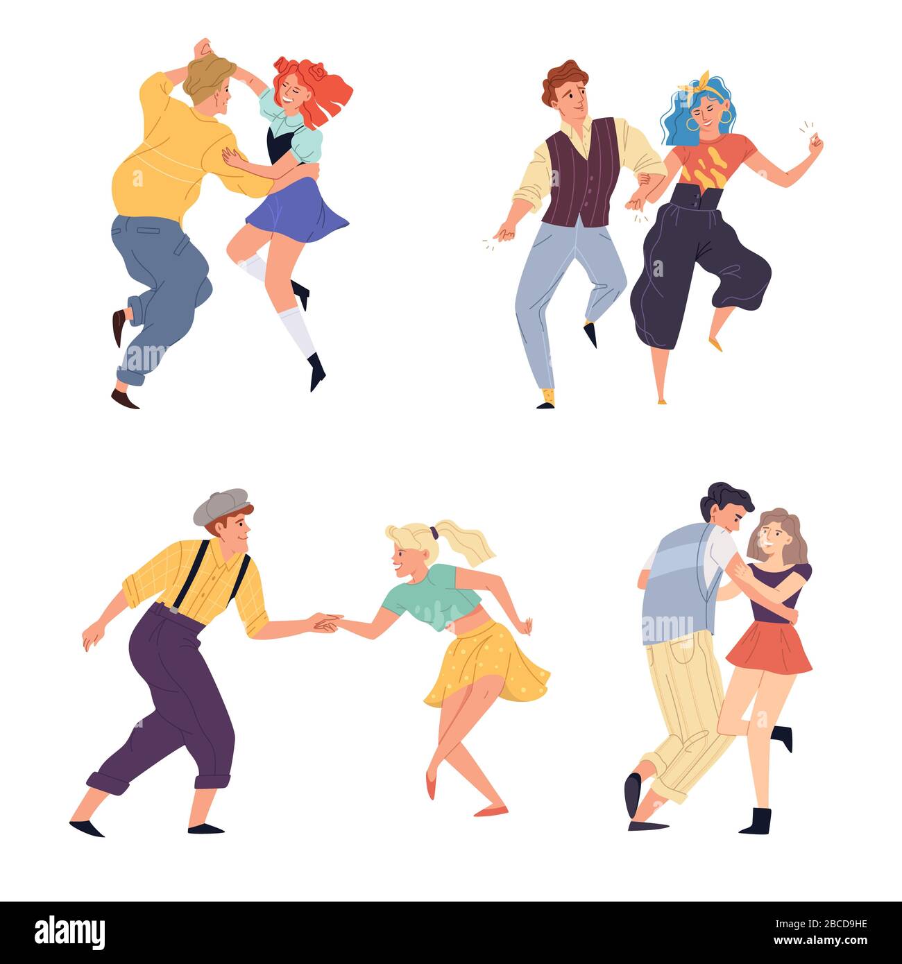 Vektor-Illustration von Paaren tanzen Twist Set. Junge Männer und Frauen tanzen auf Retro-Party oder nostalgischer Diskothek der 1950er, 1960er und 1970er Jahre. Flache Karikatur c Stockfoto