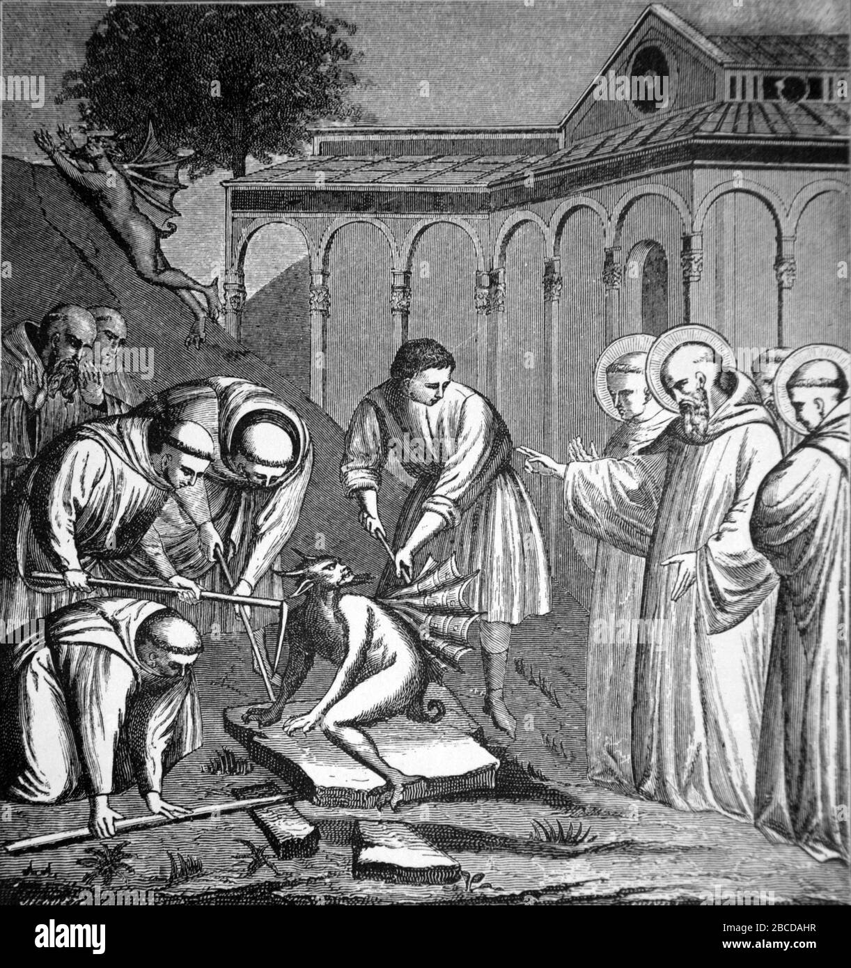 Der heilige Benedikt exorkierte einen bösen Geist, der den Bau einer Kapelle durch die Arbeiter unterbrochen hatte; Schwarz-Weiß-Illustration aus dem Leben der Heiligen Stockfoto