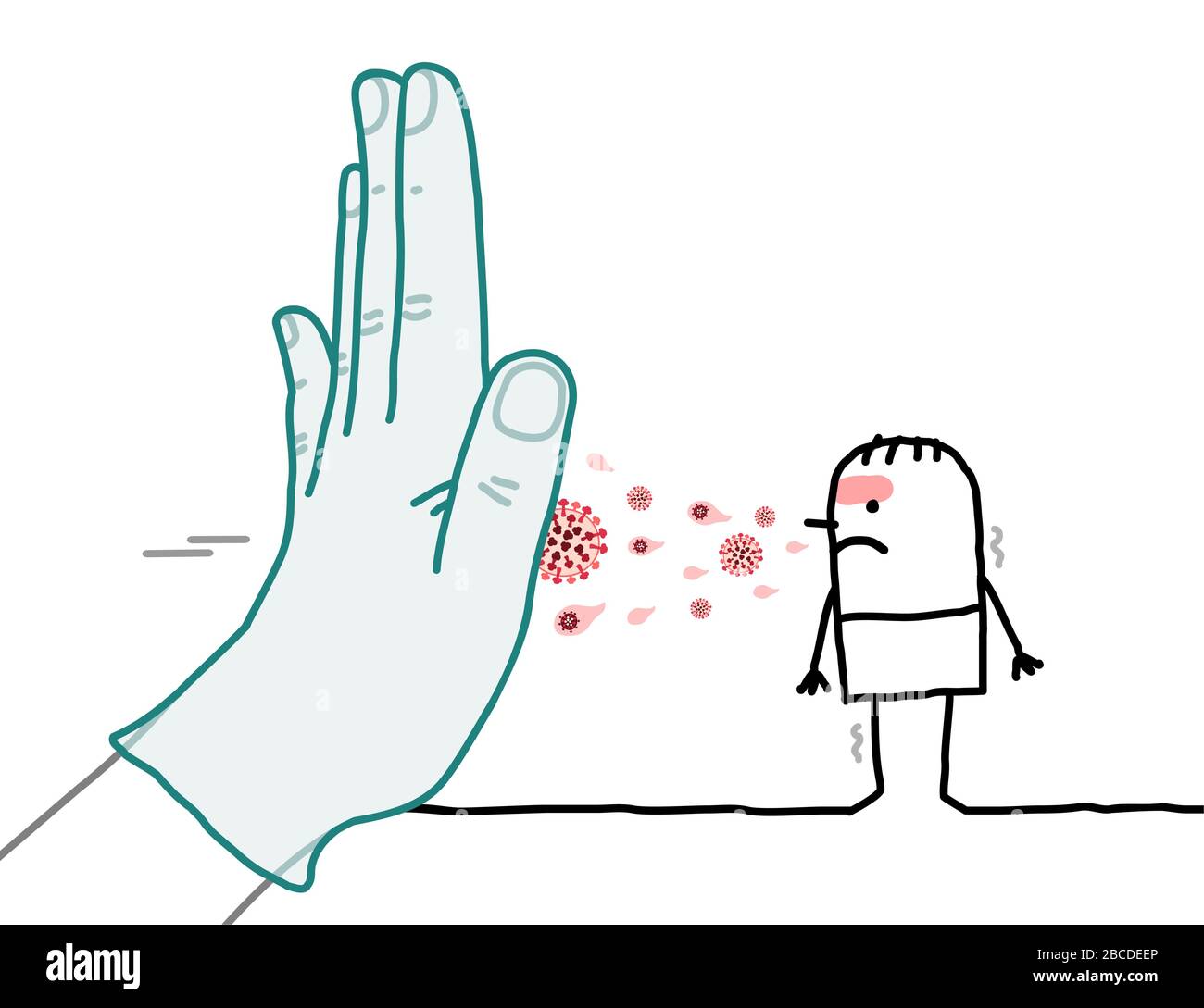 Cartoon-Mann mit Virus und großen Hand-Stopp-Keimen infiziert Stock Vektor