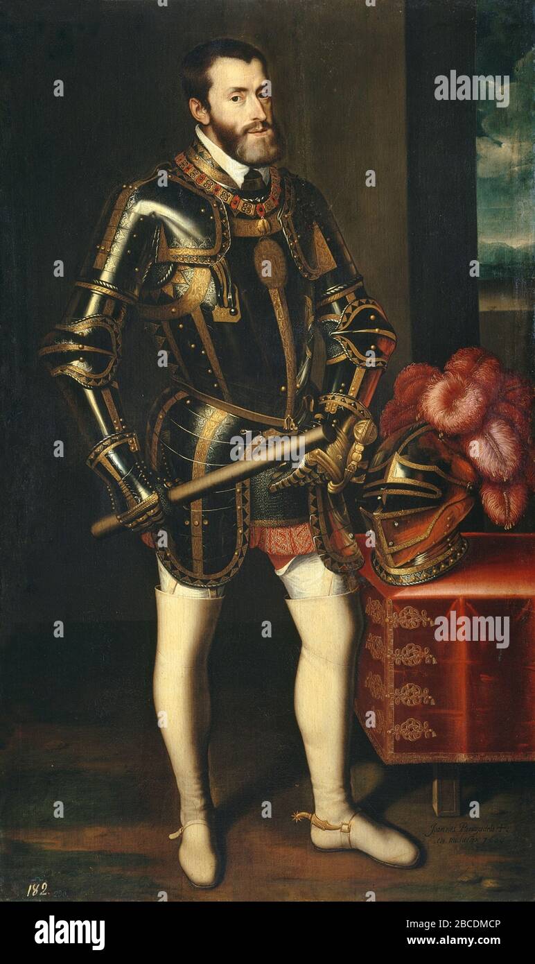 Karl V. mit Rüstung von Juan Pantoja de la Cruz (1605), Karl V. (1500 - 1558) Heiliger römischer Kaiser und Erzherzöge von Österreich von 1519, König von Spanien (Kastilien und Aragon) von 1516 und Herr der Niederlande als Titular Herzog von Burgunden von 1506. Stockfoto