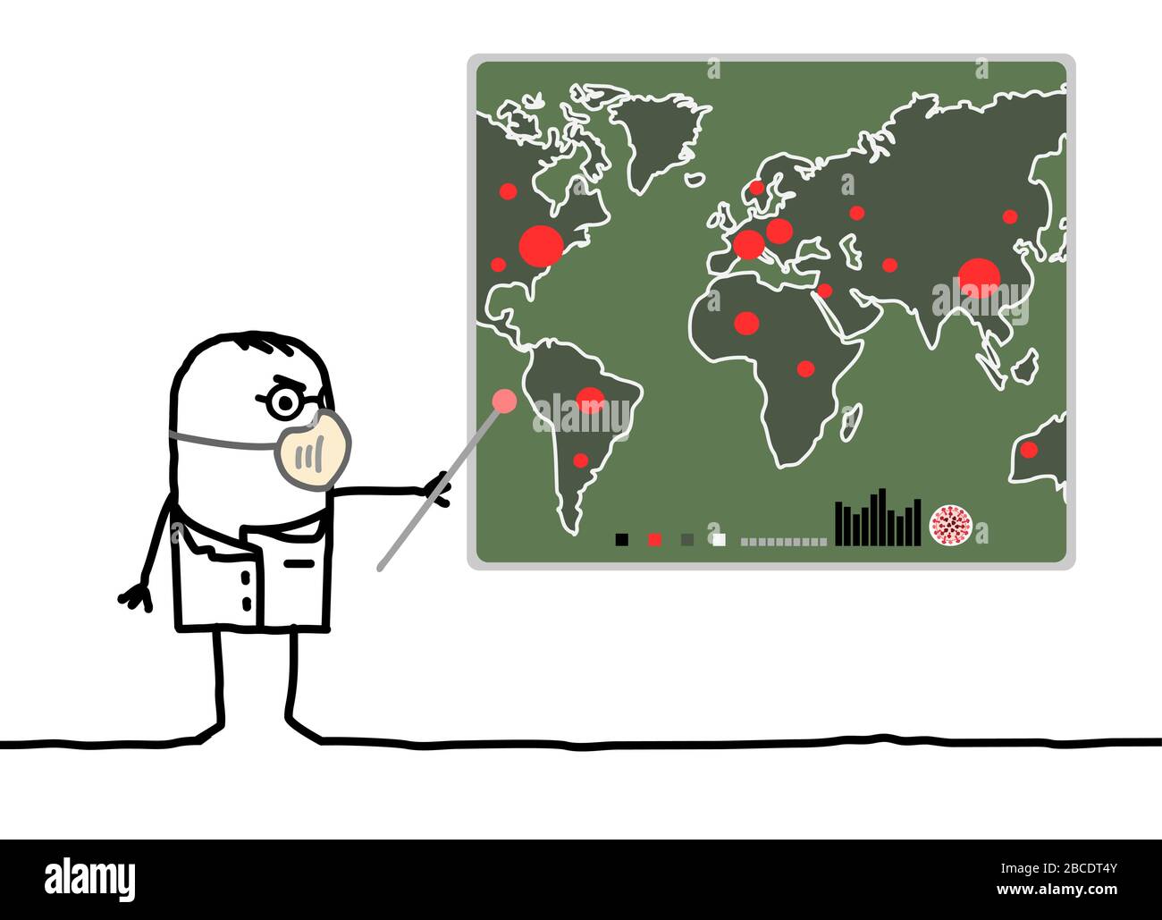 XDCartoon man mit Maske, die eine Weltkarte mit viralen Epidemiepunkten zeigt Stock Vektor