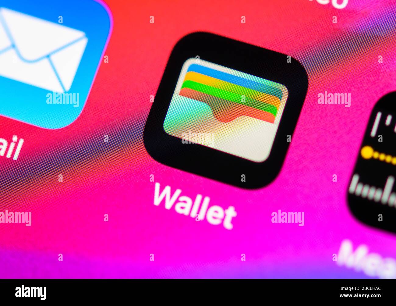 Apple Wallet App, Apple Pay, Icon, Logo, Display, Bildschirm, iPhone, App, Mobile, Smartphone, iOS, Detail, Vollformat Stockfoto