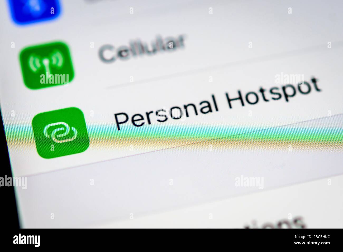 Persönlicher Hotspot, Einstellungen auf einem iPhone, iOS, Smartphone, Display, Nahaufnahme, Details Stockfoto