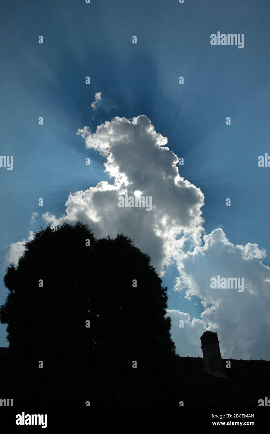 Die Sonne hinter der Wolke mit Baum und Dach im Schatten Stockfoto