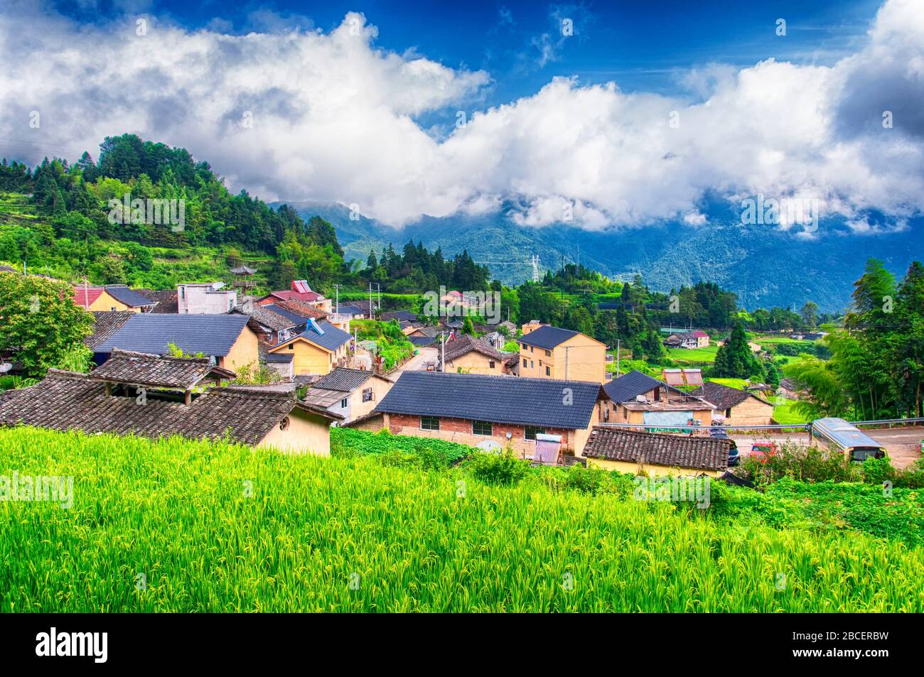 Ein Dorf innerhalb der Yunhe Wolke Reisterrasse landschaftlich schön an einem sonnigen Tag in der Provinz Zhejiang China. Stockfoto