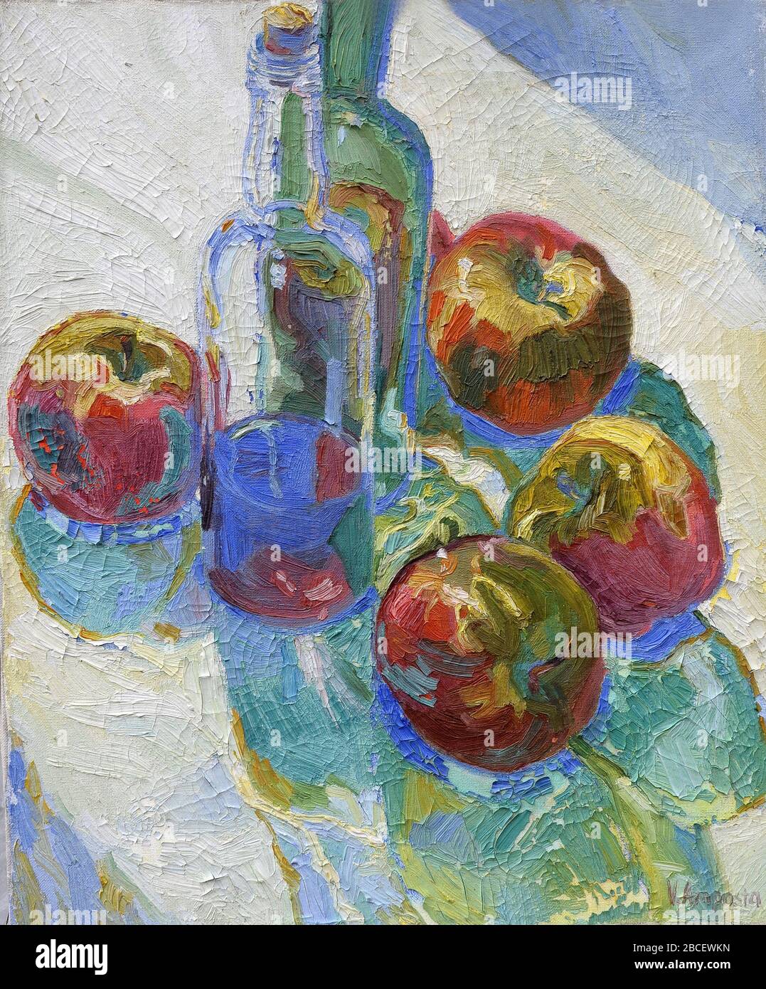 Glasflasche mit Früchten im impressionistischen Stil malen Stockfoto