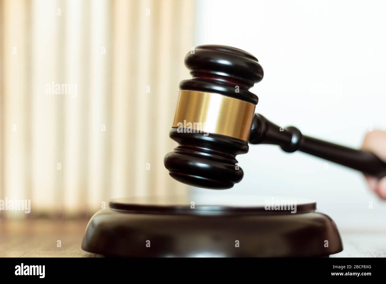 Richter Hand schlägt den Gavel auf Block mit Gesetzbuch auf dem Hintergrund Stockfoto