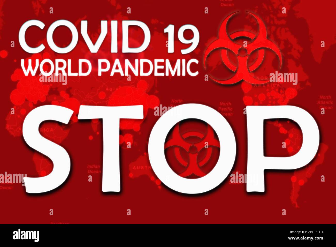 Stoppen Sie Coronavirus Covid-19 2019-nCoV. Coronavirus Krankheit COVID-19 Infektion medizinisch mit Typografie und Globus. Pandemierisiko. 3D-Abbildung. Stockfoto