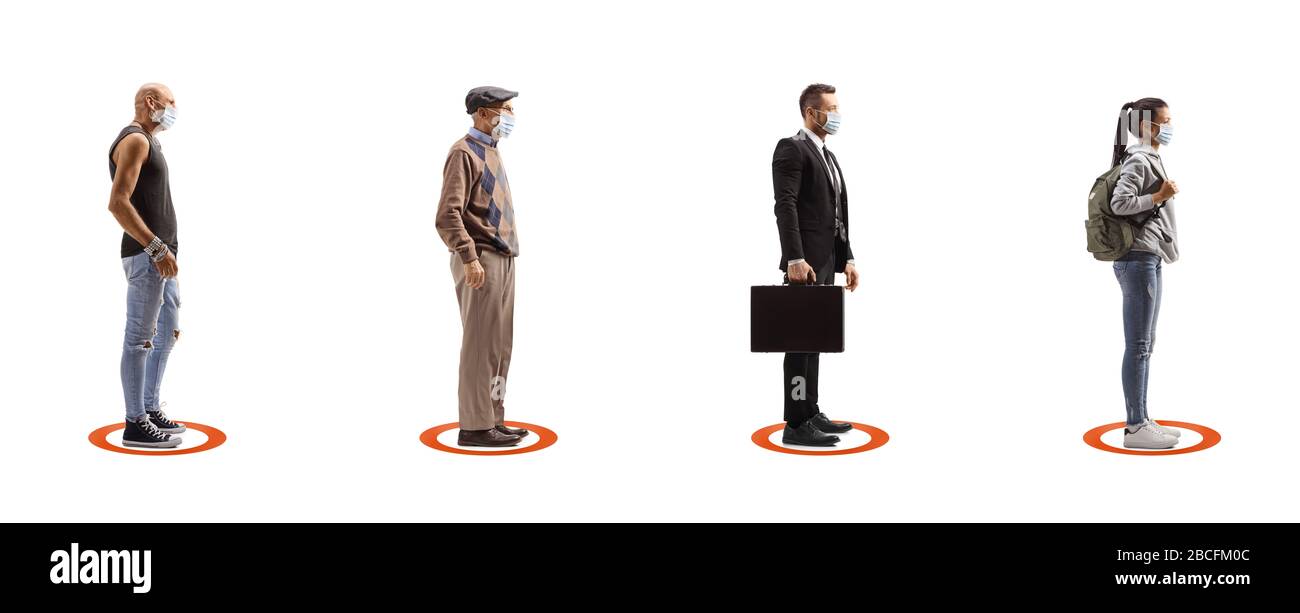 Sozialer Abstand zwischen Menschen, die in Linie warten und innerhalb von Kreisen stehen, isoliert auf weißem Hintergrund Stockfoto