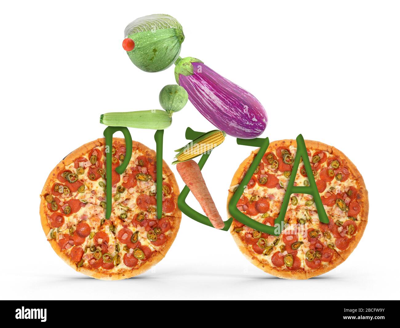 Fahrradkurier liefert Pizza - 3D-Illustration Stockfoto