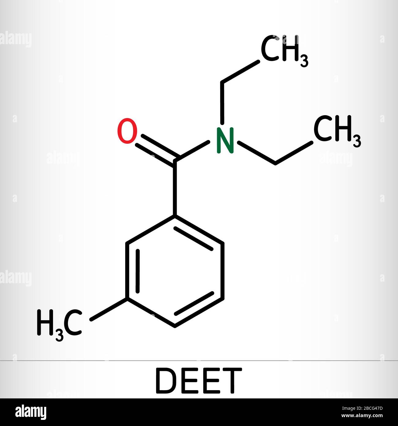 DEET, Diethyltoluamid, N,N-Diethyl-Meta-Toluamid C12H17NO-Molekül. Es ist Wirkstoff in Insektenschutzmitteln. Skelettchemische Formel. Illust Stockfoto