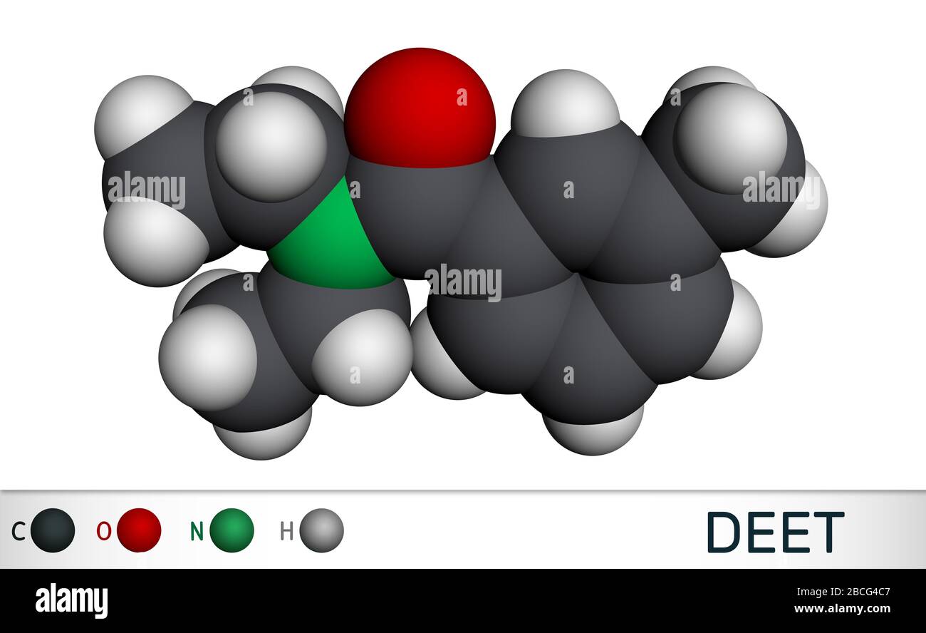 DEET, Diethyltoluamid, N,N-Diethyl-Meta-Toluamid C12H17NO-Molekül. Es ist Wirkstoff in Insektenschutzmitteln. Molekularmodell. 3D-Rendering Stockfoto