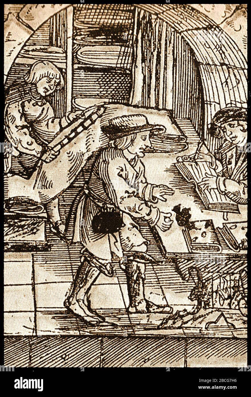 Ein alter Holzschnitt eines Tuchhändlergeschäftes aus dem 16. Jahrhundert in England. Weil das Tuch teuer war, waren die meisten Geschäfte (Wäschereien) im Besitz von Händlern, die ein Tuch oder eine Wollfabrik besaßen oder betrieben, oder die Großhändler waren, die das Geschäft importierten oder ausführten. Ein Tuchhändler könnte auch eine Reihe von Drapergeschäften besessen haben. Kaufleute waren oft sehr wohlhabend und wurden Bankiers. (Z. B. die Medicis und die Berenberger) Stockfoto