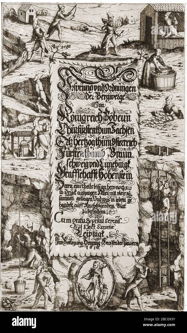 Titelseite eines deutschen Buches (1616), das alluviale, Drift- und Untergrundbergbaumethoden zeigt Stockfoto