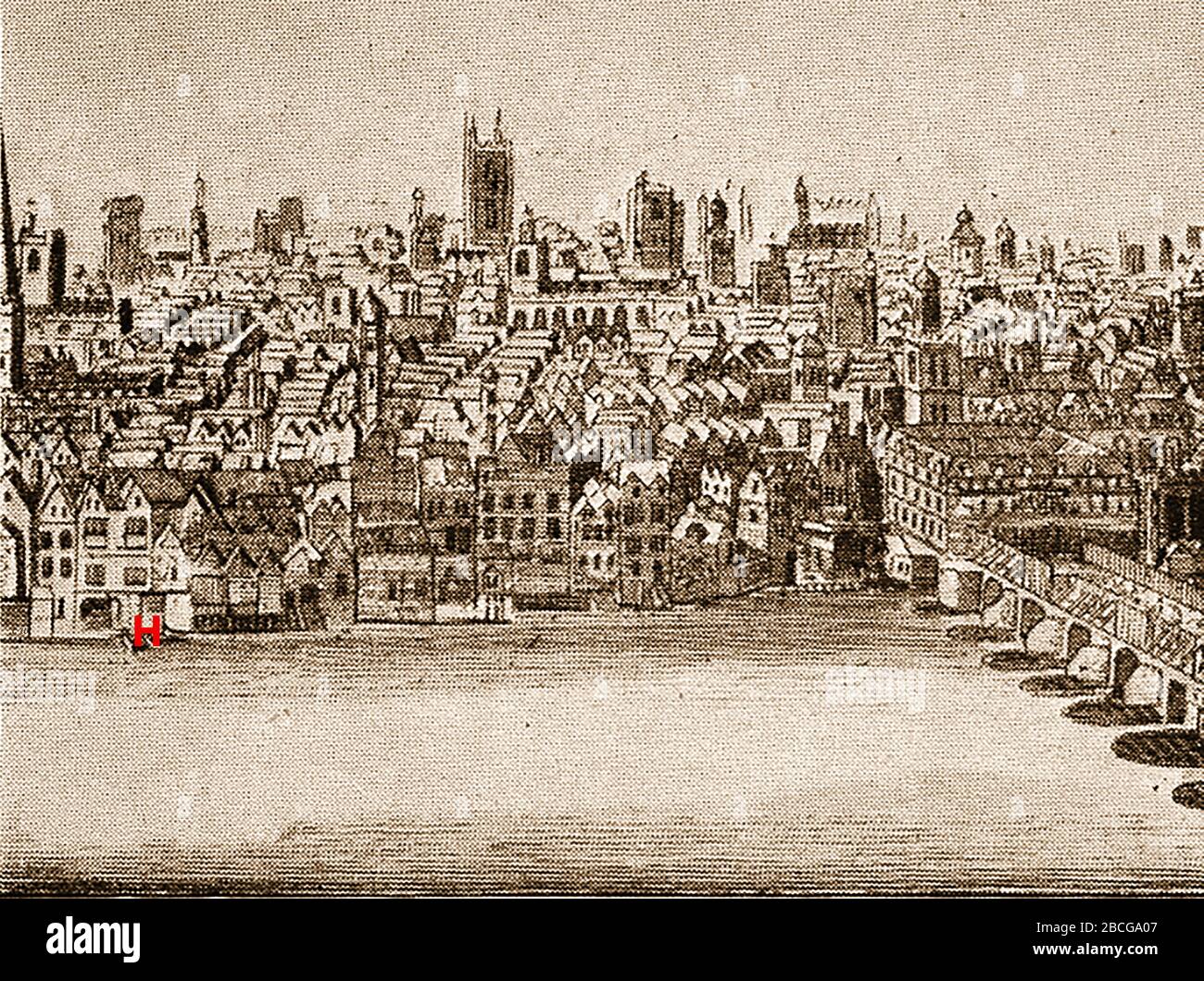 Jahrhundert London vor dem großen Brand, der das als Steelyard bekannte britische Hansa League Headquarters Dock zeigt (an der Seite der Themse mit rotem H markiert). Stockfoto