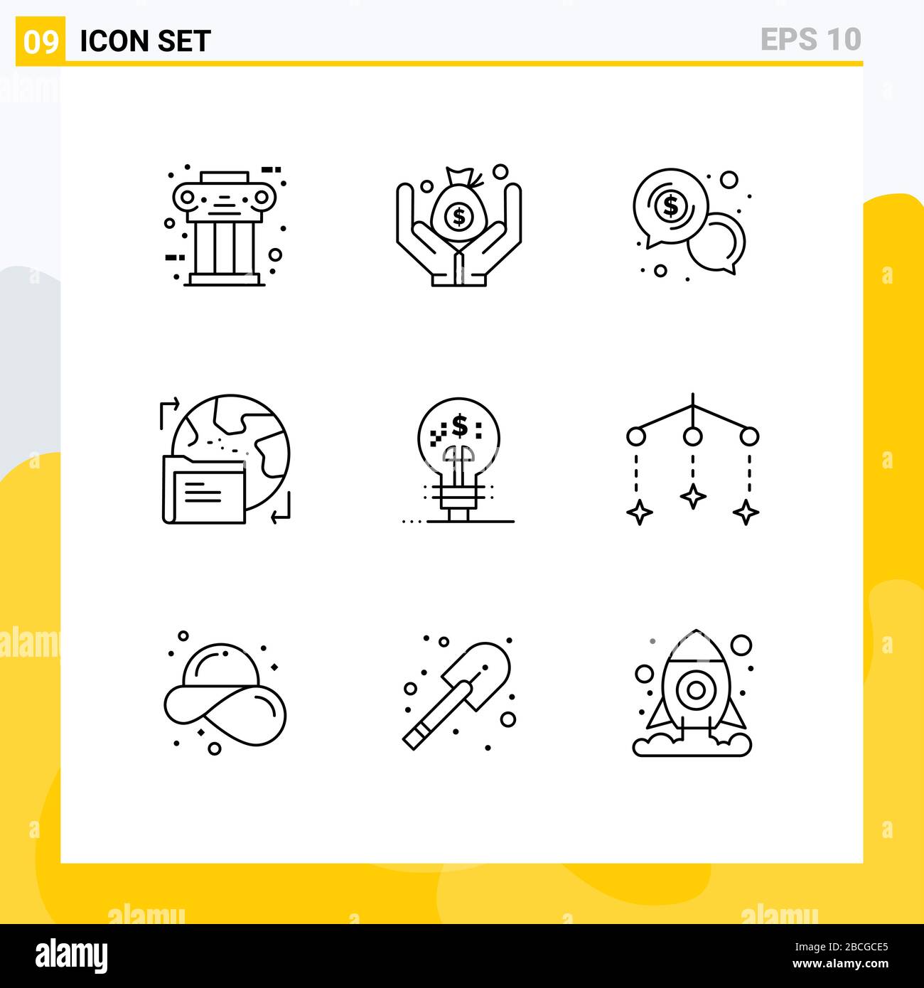 Universal Icon Symbols Group aus 9 modernen Outlines of Fintech Innovation, Folder, Business, World, Dollar Editable Vector Design Elements Stock Vektor