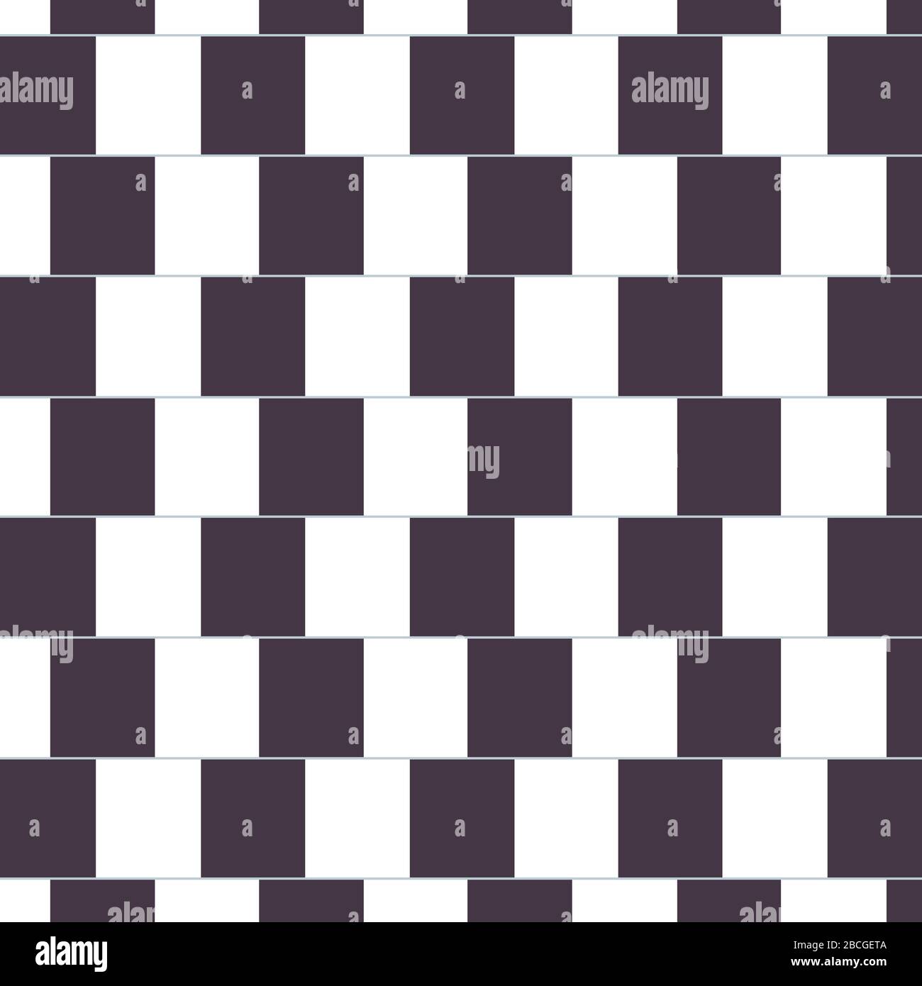 Die Café-Wand-Illusion. Die parallel verlaufenden geraden Trennlinien zwischen gestaffelten Reihen mit abwechselnd schwarz-weißen "Ziegelsteinen" scheinen geschlungen zu sein. Stockfoto