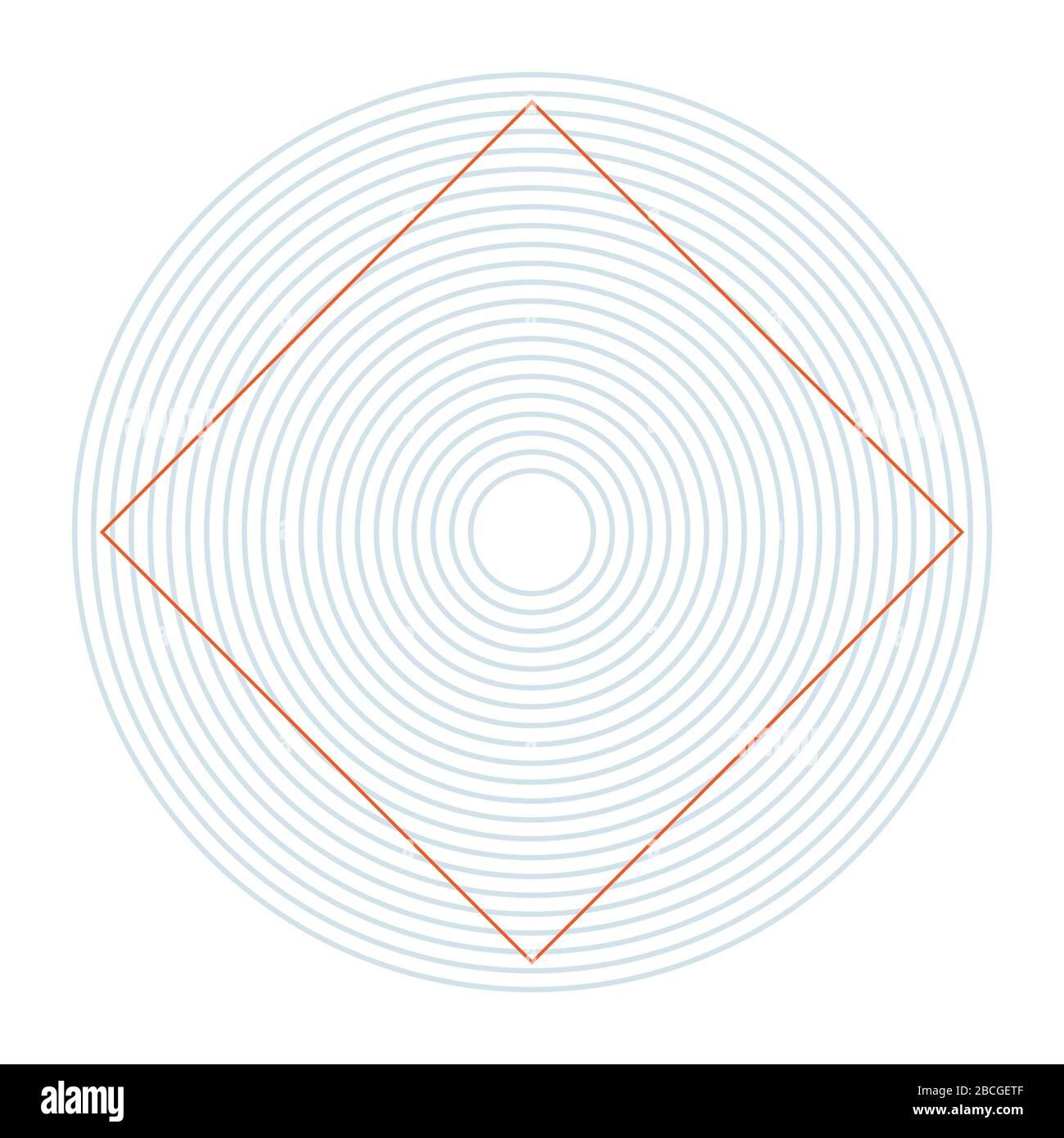Die Ehrenstein-Illusion. Die Seiten eines Quadrats, das innerhalb eines Musters konzentrischer Kreise platziert wird, nehmen eine scheinbare gebogene Form an. Stockfoto