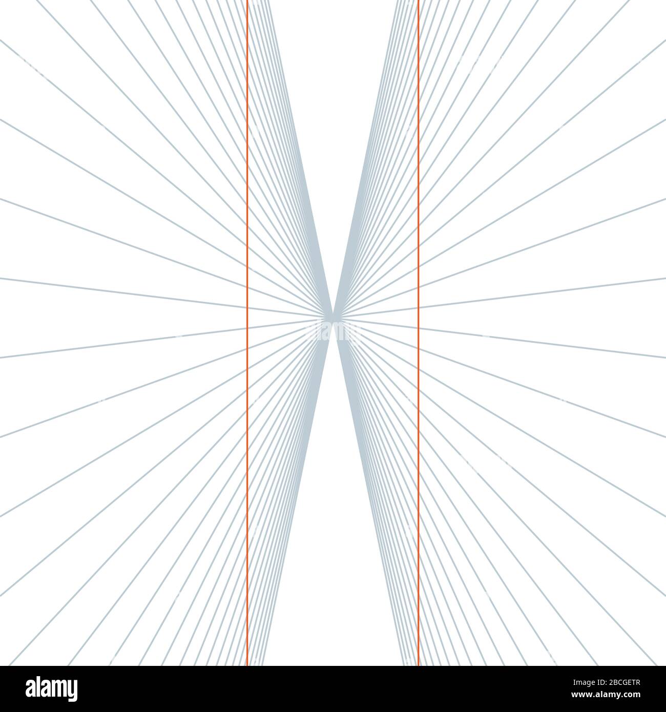 Die Hering-Illusion. Zwei gerade und parallele Linien werden vor radialem Hintergrund dargestellt, die Linien erscheinen, als wären sie nach außen gebogen. Stockfoto