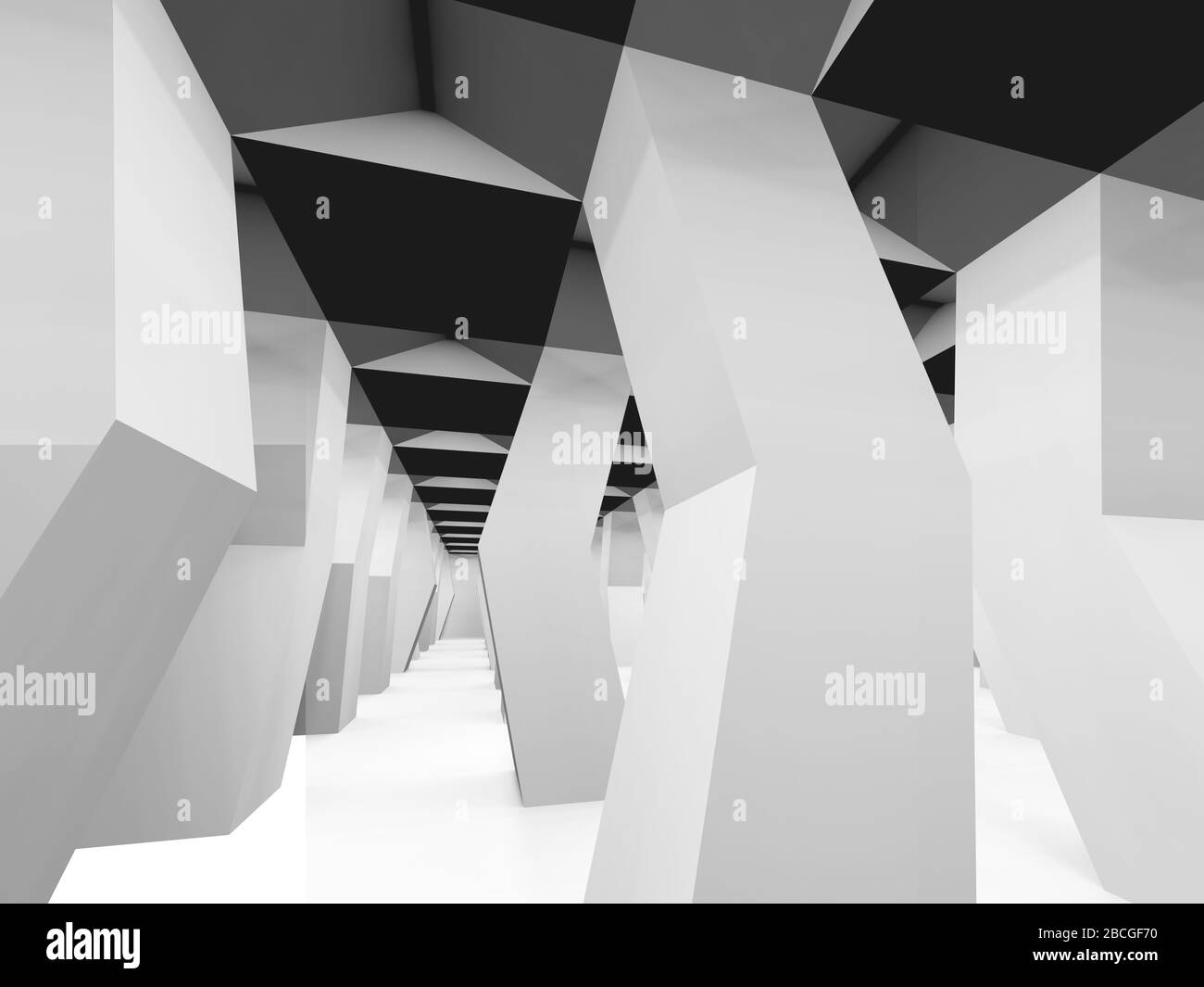 Abstraktes parametrisches Interieur mit glänzend kaputten Säulen, zeitgenössischer architektonischer Hintergrund, 3D-Darstellung Stockfoto