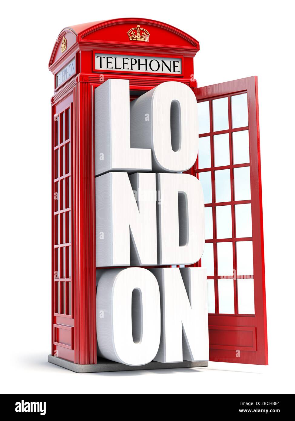 Rote Londoner Telefonzelle mit Text London isoliert auf weißem Hintergrund. 3D-Abbildung Stockfoto