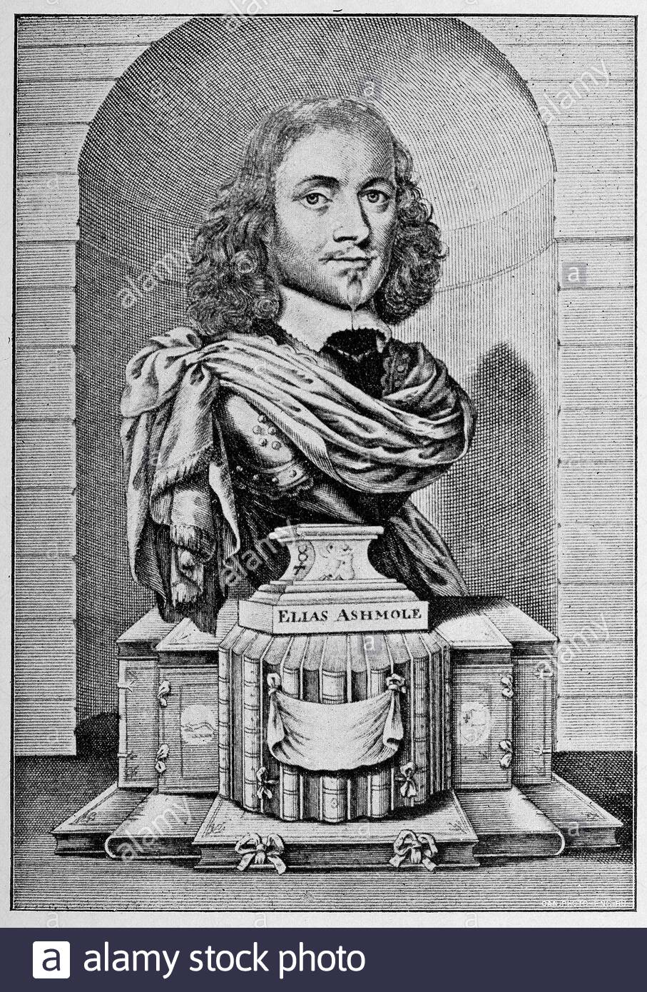 Elias Ashmole Portrait, 1617 - 1692, war ein englischer Antiquar, Politiker, Waffenoffizier, Astrologe und Student der Alchemie Stockfoto