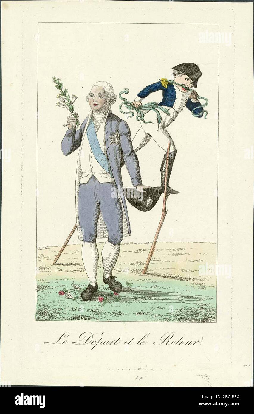 Francais Le Depart Et Le Retour Englisch Gedruckt Am Tag Der Abreise Napoleons Von Fontainebleau Nach Elba Diese Zeichnung Zeigt Einen Siegreichen Ludwig Xviii Und Einen Vereierten Napoleon Louis Hier Trugerisch Schlank