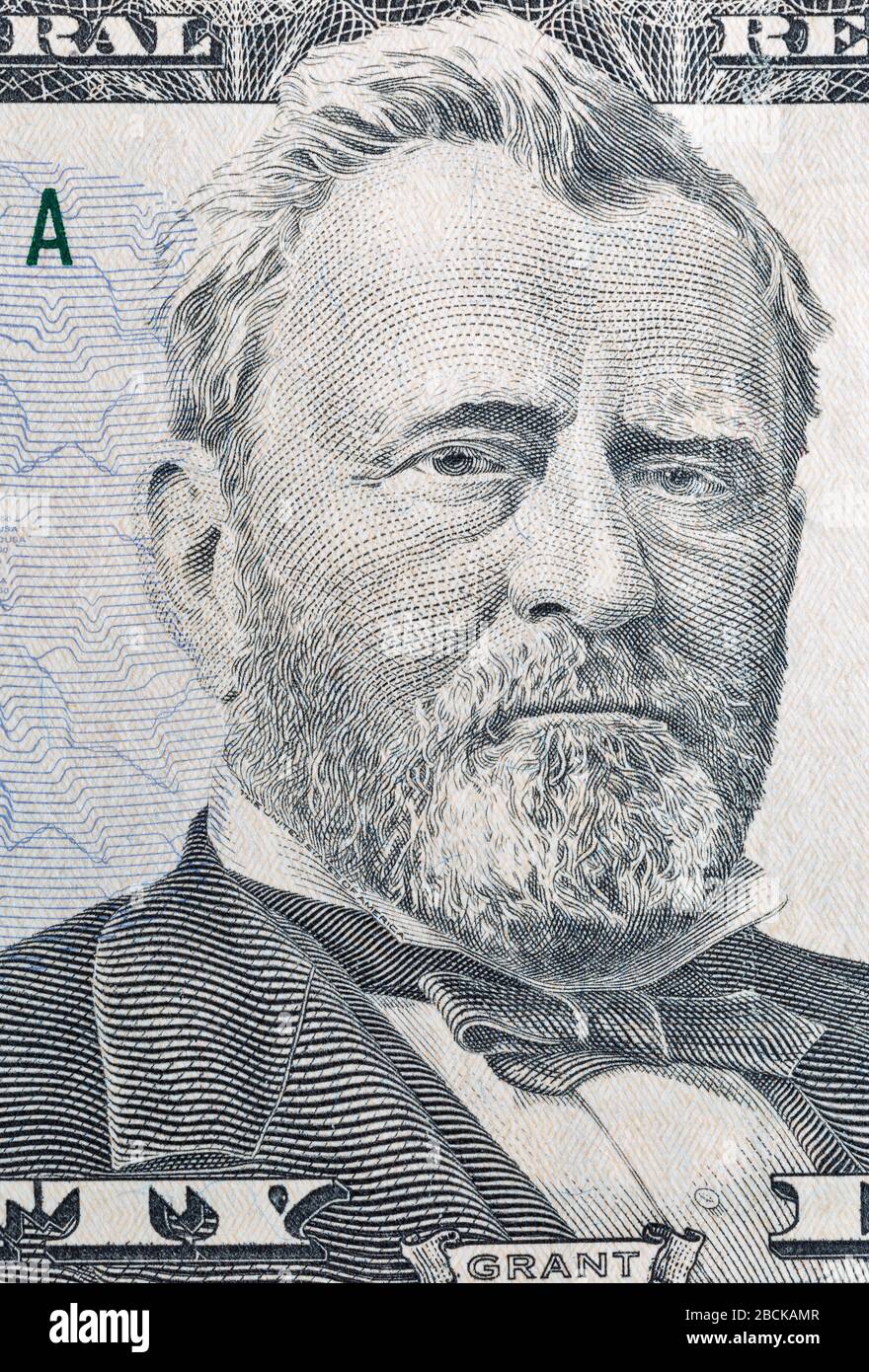 US-Präsident Ulysses gewährt Porträt über fünfzig Dollar Rechnung Makro Stockfoto