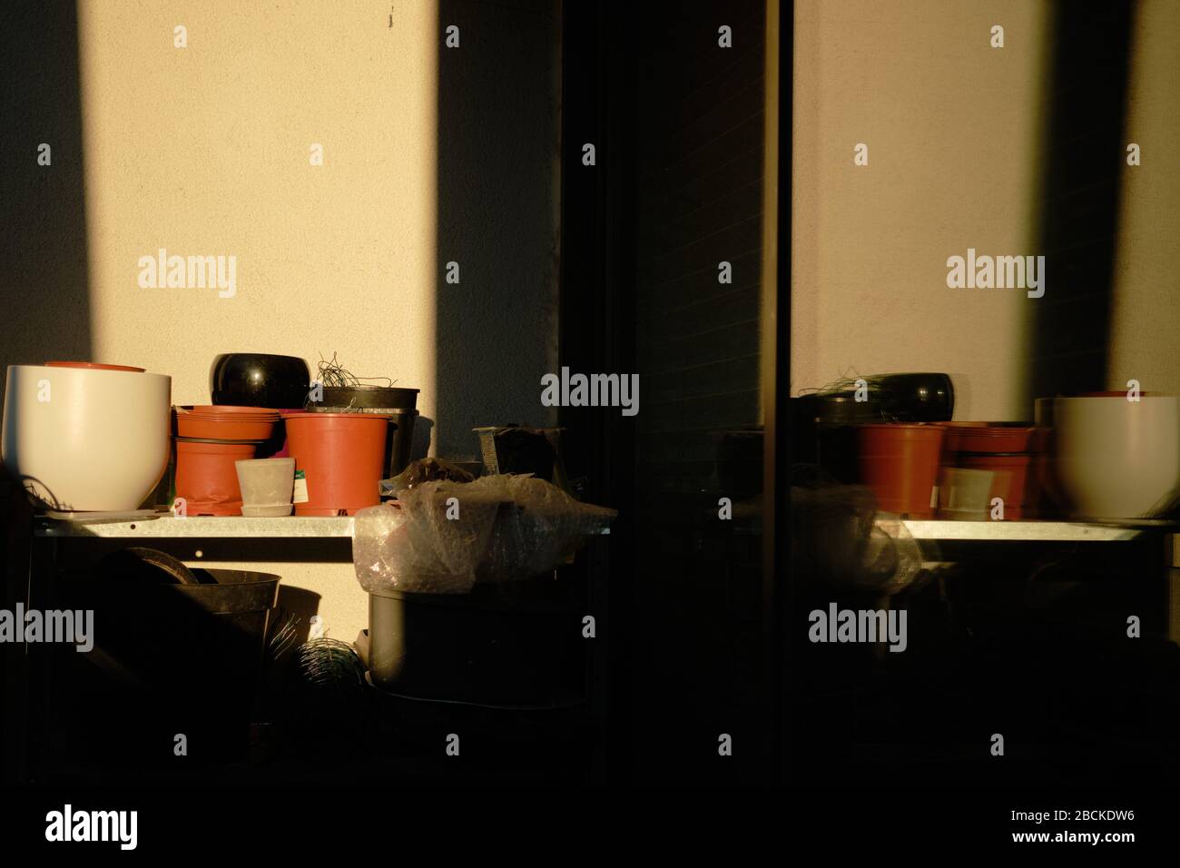 Am späten Nachmittag Sonne auf Metallregalen mit Gartengeräten und reflektiert in einem Fenster Stockfoto