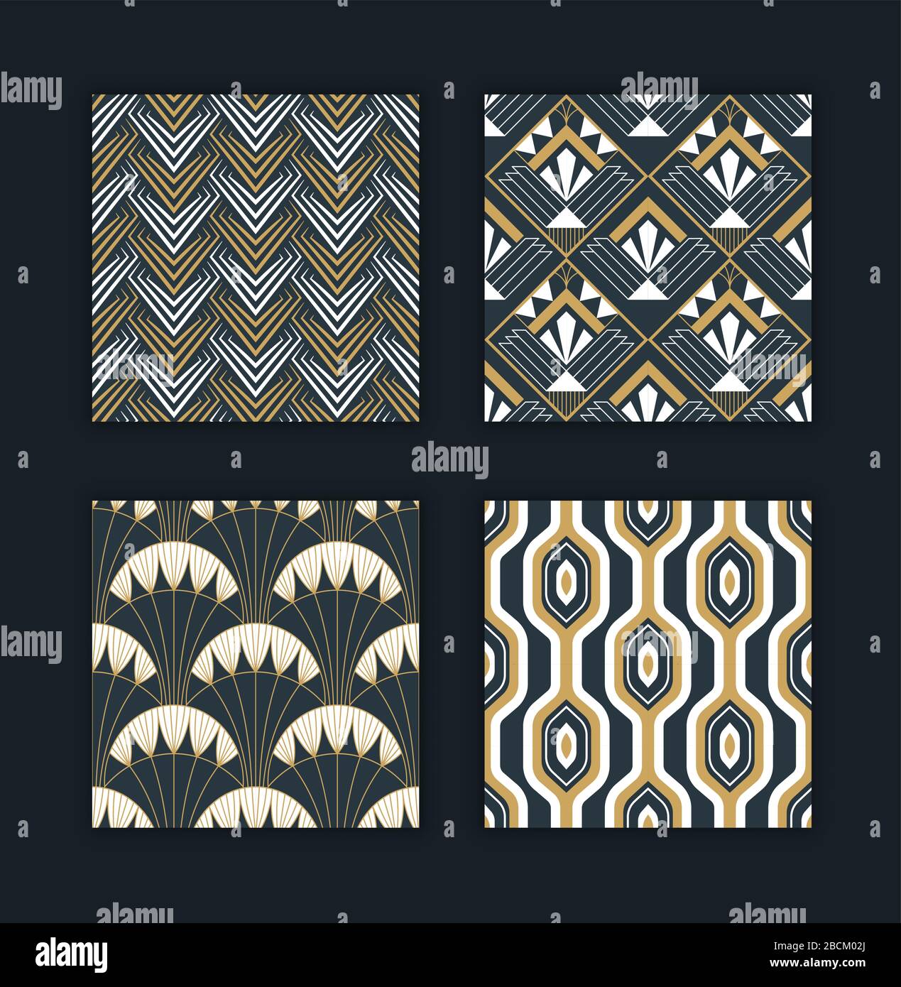 Elegantes Art-Deco-Set mit nahtlosem Muster im Retro-Look mit abstrakter geometrischer Golddekoration. Klassische goldene und schwarze Hintergrundkollektion für luxuriöses Design Stock Vektor