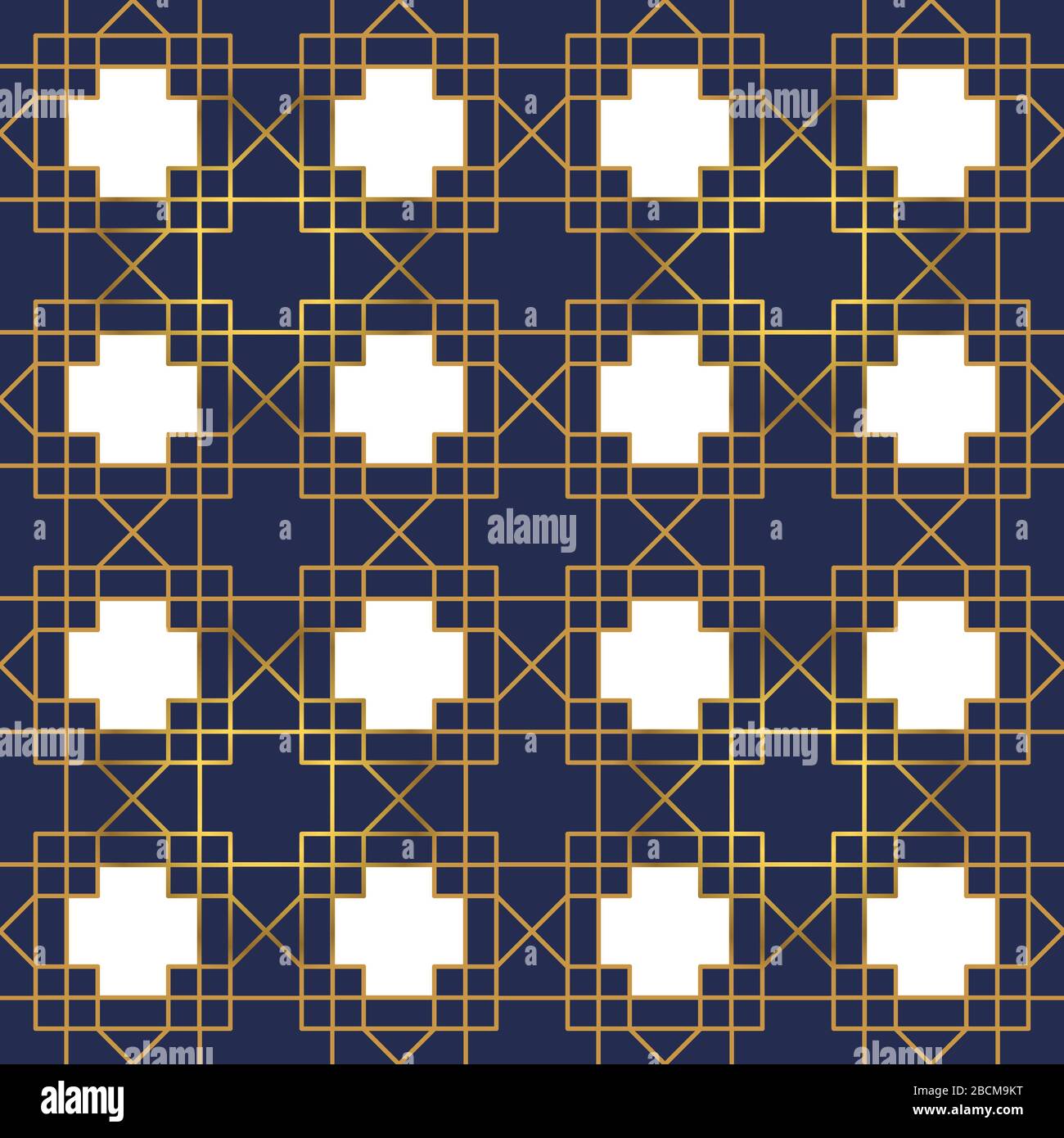 Gold Art Deco Vintage nahtloses Muster mit Retro-Zierdessin. Luxuriöser abstrakter Hintergrund in goldener und blauer Farbe. Struktur des Geometrielinienrahmens B. Stock Vektor