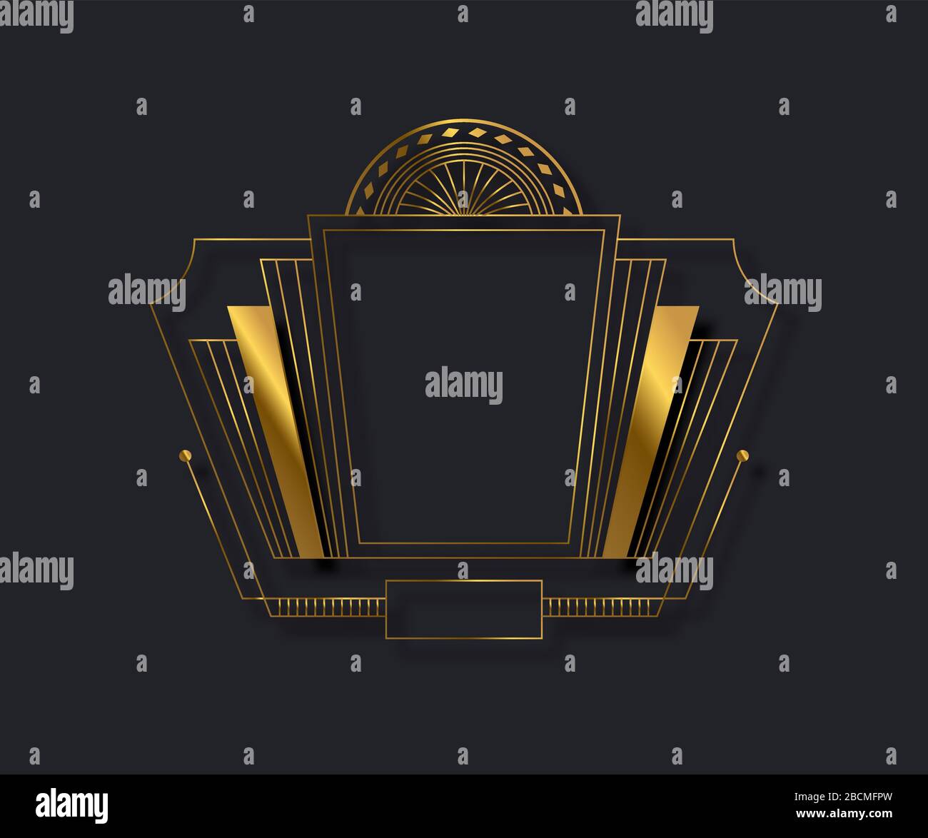 Geometrische Rahmenvorlage im Art-Deco-Stil in Gold- und Schwarztönen. Luxuriöser 3D-Raum mit goldenem Kopienrand und abstrakter Linienverzierung auf isoliert Stock Vektor